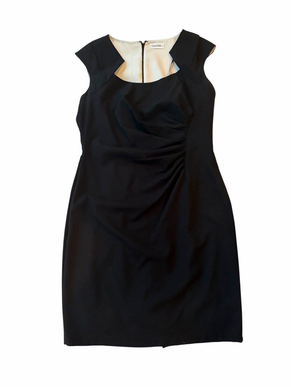 Calvin Klein Black Ruched Side Asymmetric Neck Sheath Dress 14 EUC